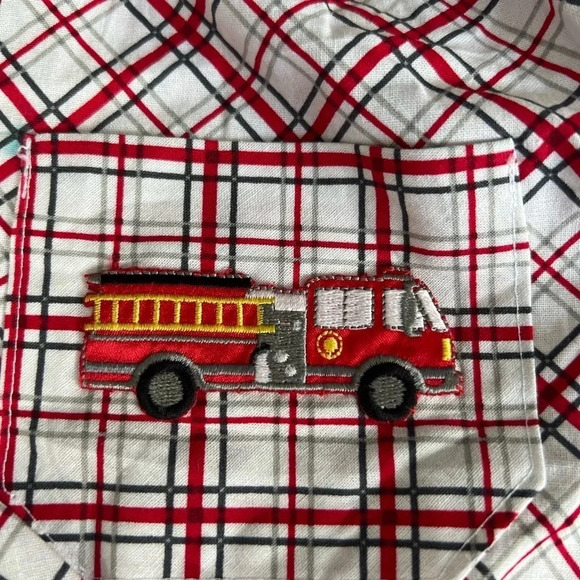 Plaid Truck Romper | Fire Truck Dump Truck | Handmade | Baby - Picture 2 of 6